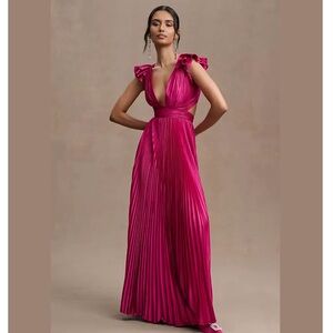 Mac Duggal Pleated Flutter-Sleeve Deep-V Lace-Up Gown Pink size 8